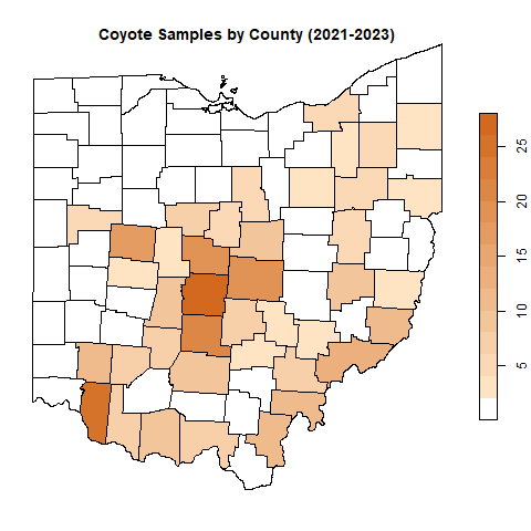 Coyote samples by county in Ohio (2021-2023)